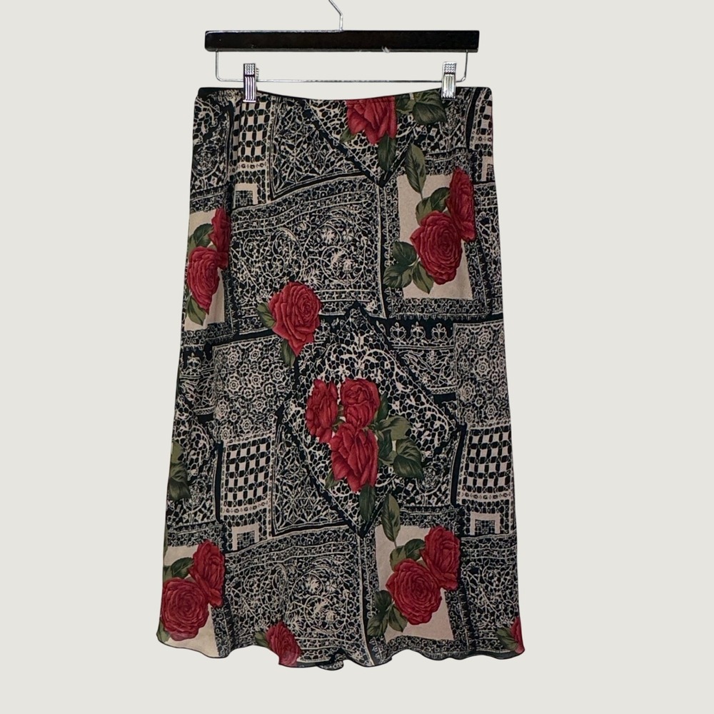 Cami‎ International Rose Floral Midi Skirt Size 14 Black Red Whimsygoth Goth 90s